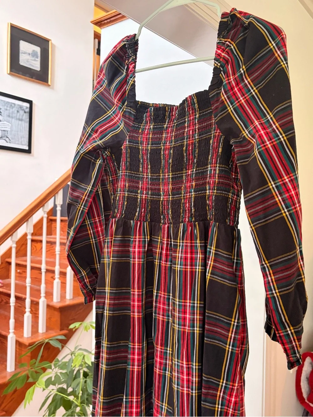 J. Crew Black Plaid Puff-Sleeve Dress with Red and Yellow Accents